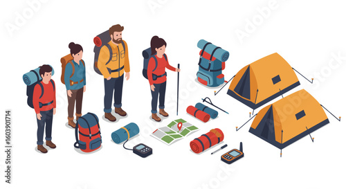 Isometric camping adventure with hikers, tents, and gear in a scenic o