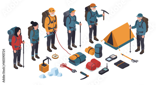 Isometric hiking team and gear in high-altitude expedition setup