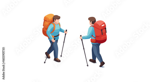 Isometric hikers with backpacks and trekking poles on white background
