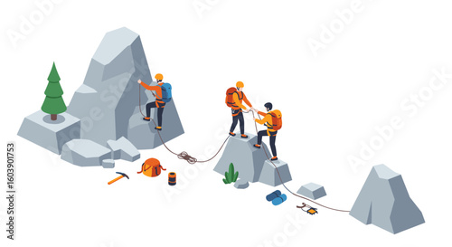 Isometric climbers: team adventure on rocky terrain with gear