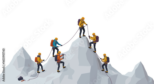 Team of climbers conquering mountain peaks in a collaborative adventur
