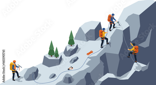 Climbers ascend rocky mountain with equipment in isometric style adven