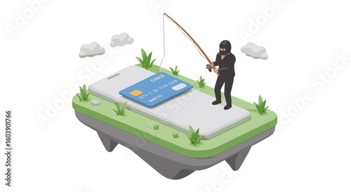3d concept of cybersecurity threat with hacker phishing credit card on