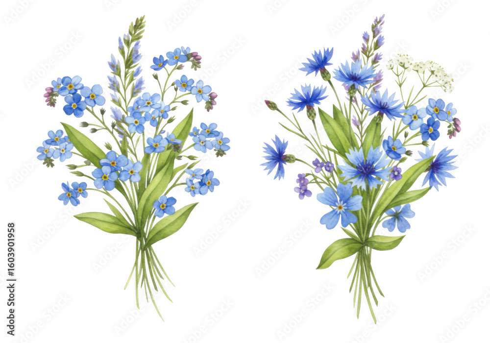 Fototapeta premium Two watercolor bouquets of blue wildflowers including cornflowers and forget me nots tied with green ribbon on a transparent background