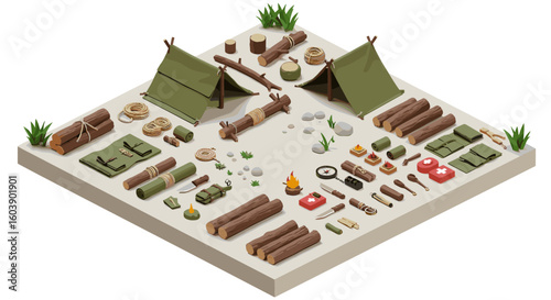Isometric camping gear layout featuring tents, logs, and essential sur