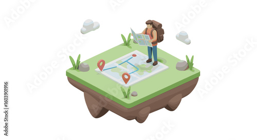 3d isometric adventure: traveler exploring map on floating island