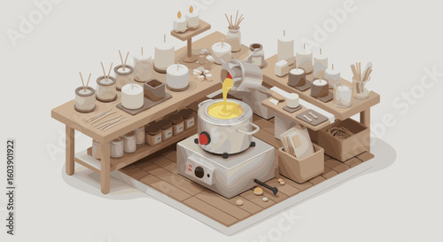 Isometric candle making scene with wax pouring and supplies on wooden