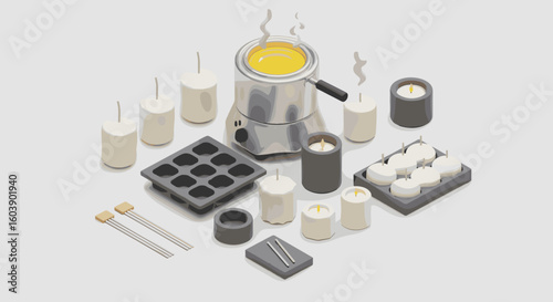 Isometric candle making set with melting pot and wax molds