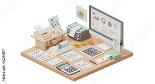 Isometric office desk with financial documents, tax receipts, and calc