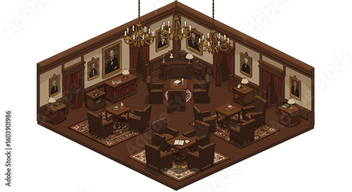 Elegant isometric library room with vintage furniture and chandeliers