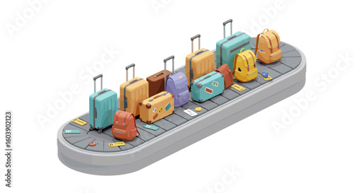 Colorful isometric luggage and bags on airport conveyor belt
