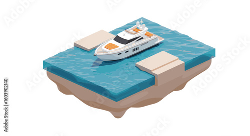 Luxury yacht docked at pier on floating island