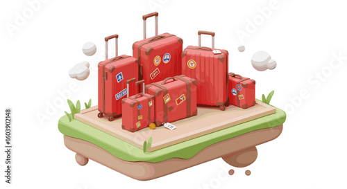 Isometric travel luggage collection on floating island with cloud elem