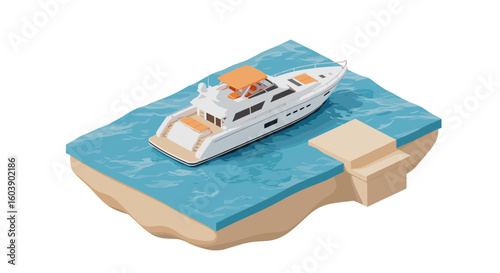 Luxury yacht docked at marina in isometric 3d scene