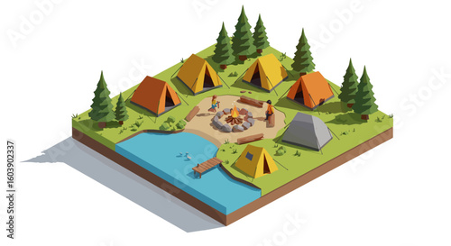 Isometric camping scene with tents, campfire, and forest landscape