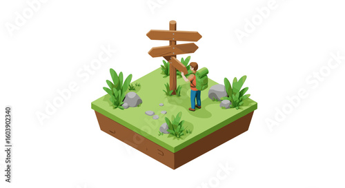 3d isometric man choosing direction at a wooden signpost on a grass pl