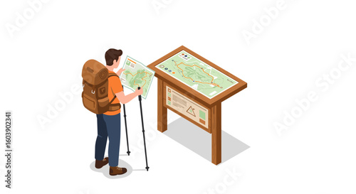 Hiker navigating trail using map at information kiosk in isometric sty