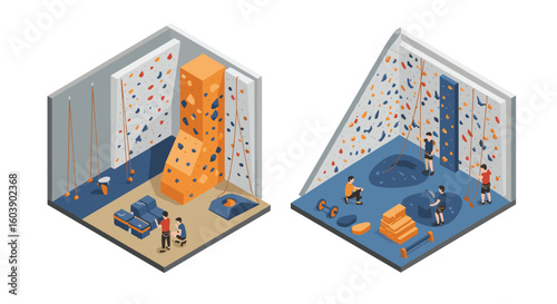 Isometric indoor rock climbing scene with training wall and bouldering