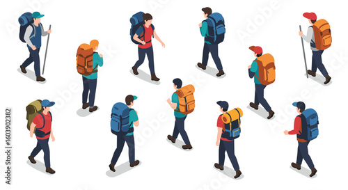 Isometric hikers in motion: exploring the outdoors with backpacks