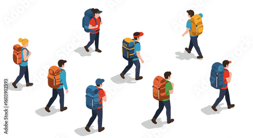 Isometric hikers walking in formation with backpacks on white backgrou