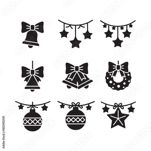 Black Christmas Icons: Bells Stars Ornaments and Wreath