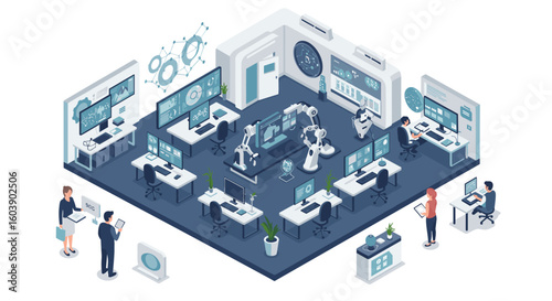 Futuristic isometric office with ai and robotics technology