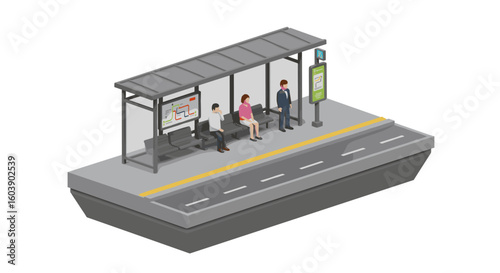 Isometric bus stop scene with waiting people and urban street elements