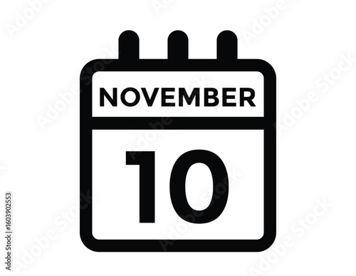 10 November, calendar date icon. 10 November Calendar Date for Deadlines or Appointment. Day, month. vector illustration.

