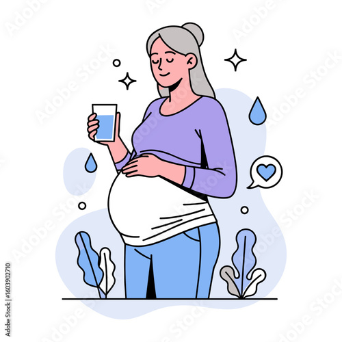 A healthy mature pregnant woman with gray hair drinks water for optimal hydration, embracing a wellness lifestyle for a happy maternity.