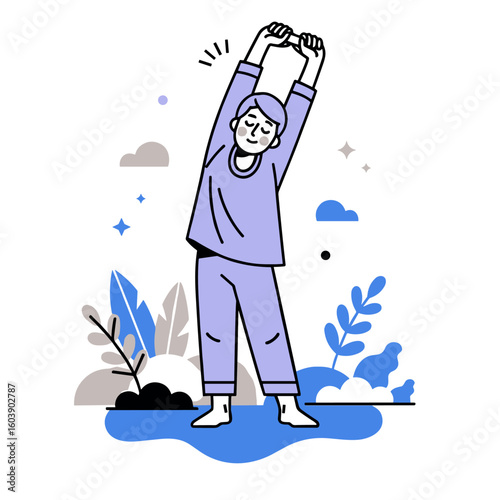 Flat vector graphic of a character in pajamas waking up with a satisfying stretch, part of a healthy morning routine for physical wellness.
