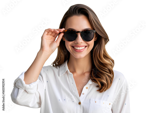 Smiling young woman wearing sunglasses and a summer shirt – casual fashion look, transparent background.