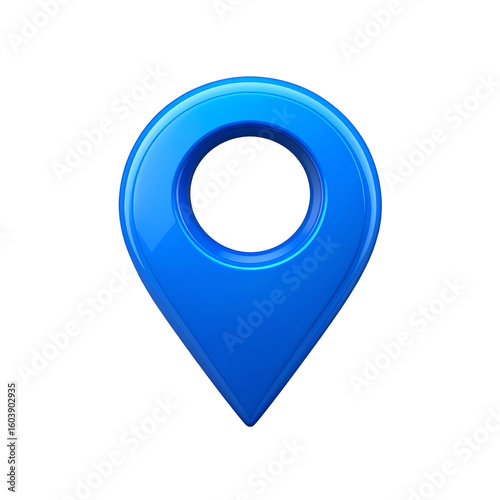 Glossy blue map pin pointing location on a transparent background, perfect for indicating places on digital maps 