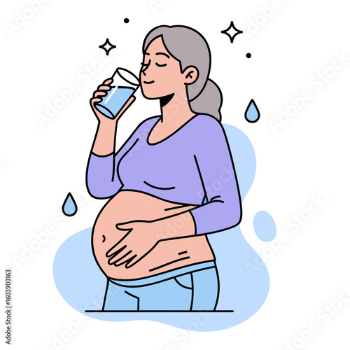 A happy pregnant woman drinking a glass of water to stay hydrated, promoting health and wellness during her maternity journey.