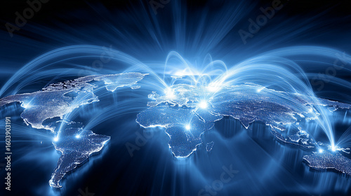 Luminous blue light beams connect continents, dark digital world map, symbolizing global tech advancement and high-speed optical communication networks. Futuristic digital infrastructure visualization