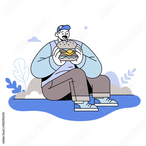 A cheerful young man sits outdoors enjoying a delicious, large cheeseburger, a flat vector illustration about fast food and lifestyle.