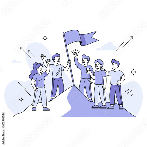 An illustration of successful teamwork and collaboration, showing a motivated group celebrating achievement and reaching their goal on a mountain top.