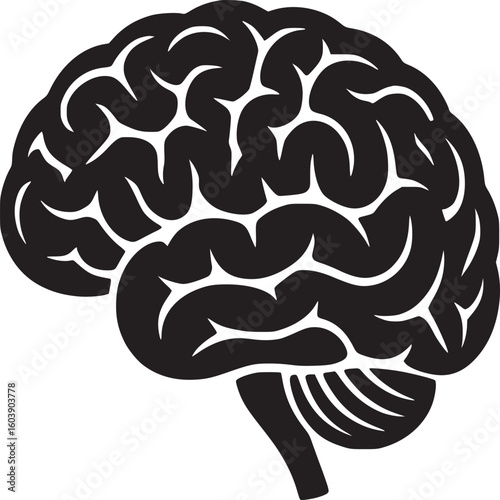 Illustration of a black brain with visible convolutions on a white background in side view