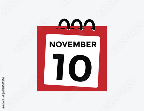 10 November, calendar date icon. 10 November Calendar Date for Deadlines or Appointment. Day, month. vector illustration.
