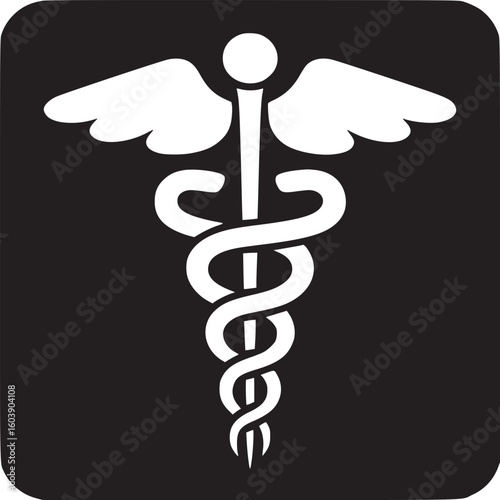 White caduceus symbol on black rounded square representing medicine and healthcare services sign