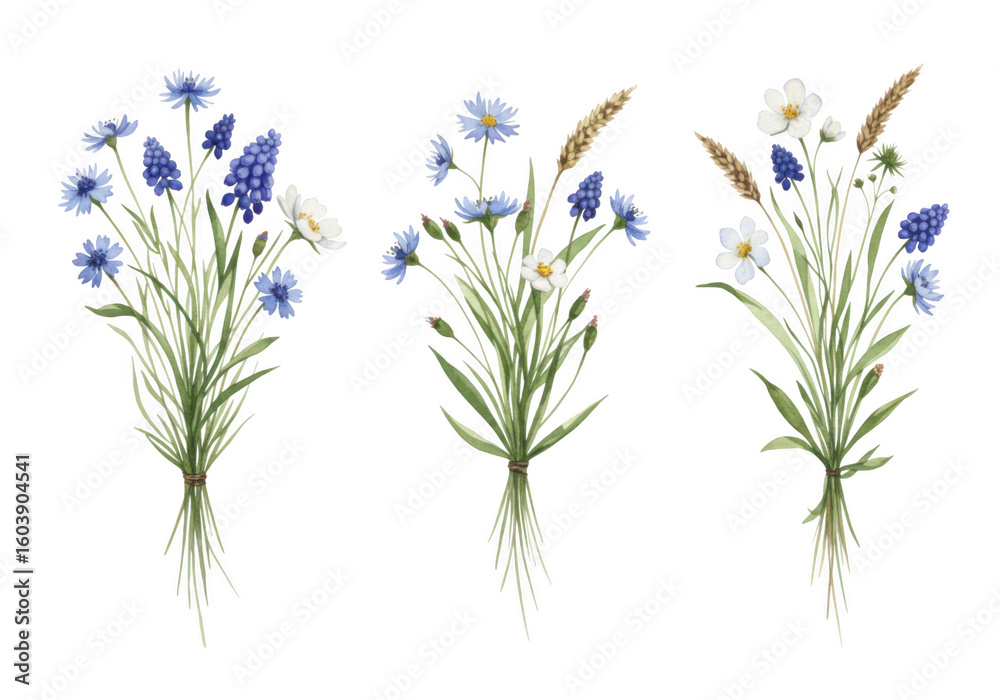 Naklejka premium Three watercolor bouquets of bluebells cornflowers and wheat tied with twine on a transparent background