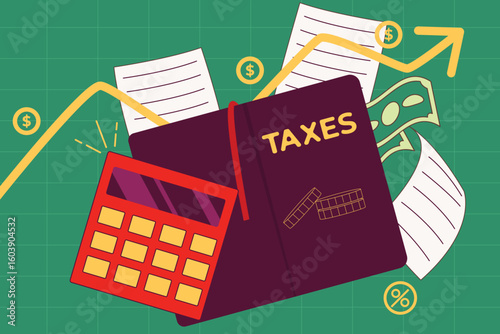 A person lifting a heavy load of tax documents, calculator, and money showing financial weight.
