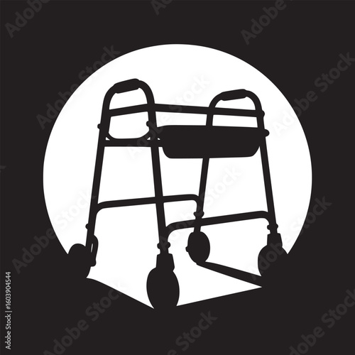 Silhouette of a walker against a white circle on a black background depicting mobility aid equipment