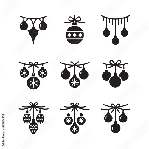 Black Christmas Ornament Silhouettes on White Background