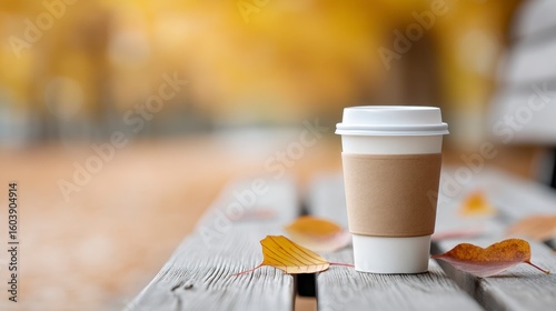 Warm autumn coffee moment on a bench surrounded by colorful fallen leaves