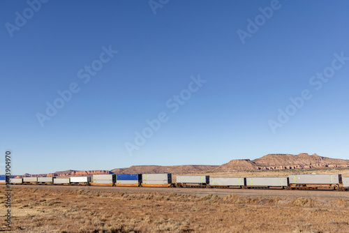 American intermodal train passes through desert environment