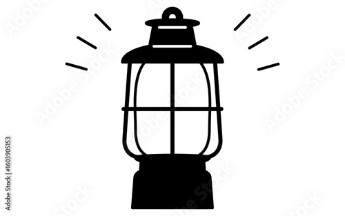 キャンプランタンのシンプルな線画イラスト、夏のイラスト、白黒