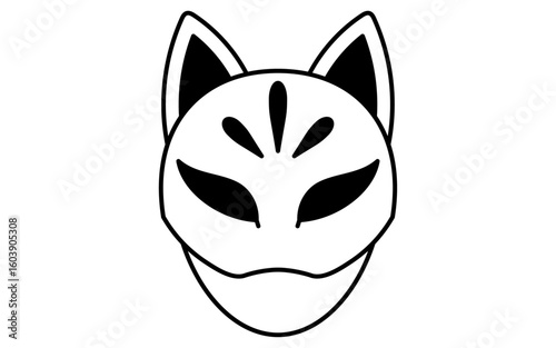 狐のお面をかぶった子どものシンプルな線画イラスト、夏のイラスト、白黒