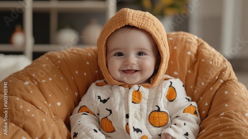 Adorable baby in pumpkin costume sitting on an orange chair looks happily at the camera