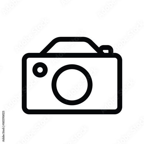 Black outline of a camera with a rounded rectangular body lens and top controls