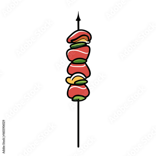 Meat and vegetable skewer illustration with bold colors